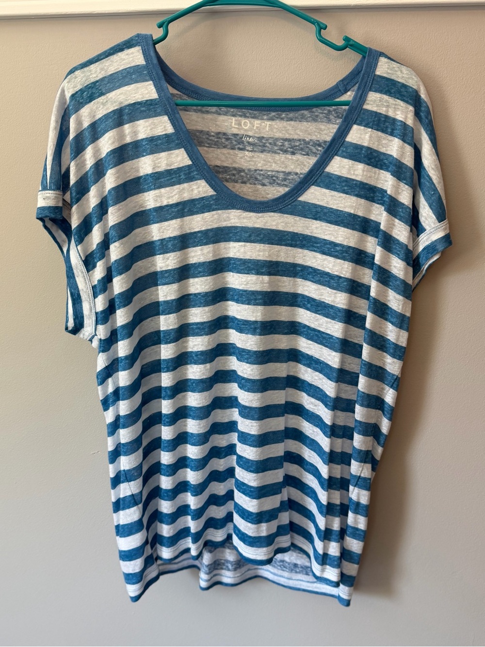LOFT Linen Blue and White Striped Scoop Neck Tee